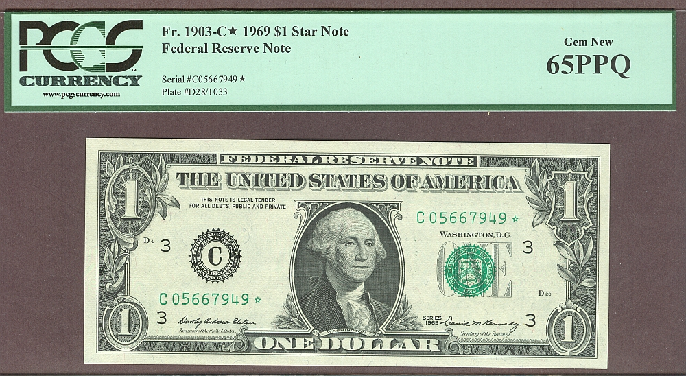 Fr.1903-C*, 1969 $1 Federal Reserve Late-Print Philadelphia Star Note, GemCU, PCGS65-PPQ
